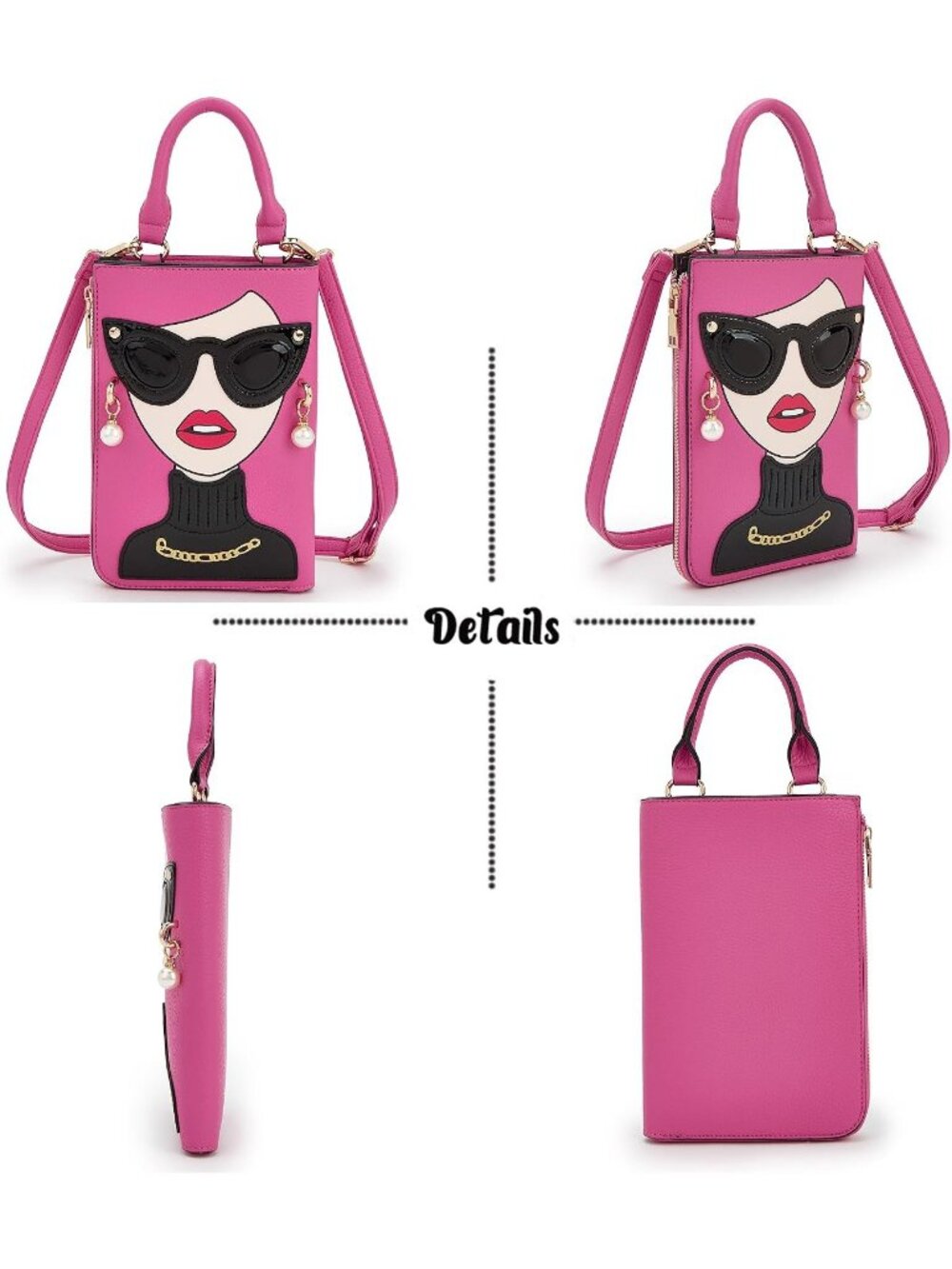 Women Hot Pink Novelty Lady Face PU Leather Shoulder Bag Handle Satchel Clutch - Picture 6 of 7